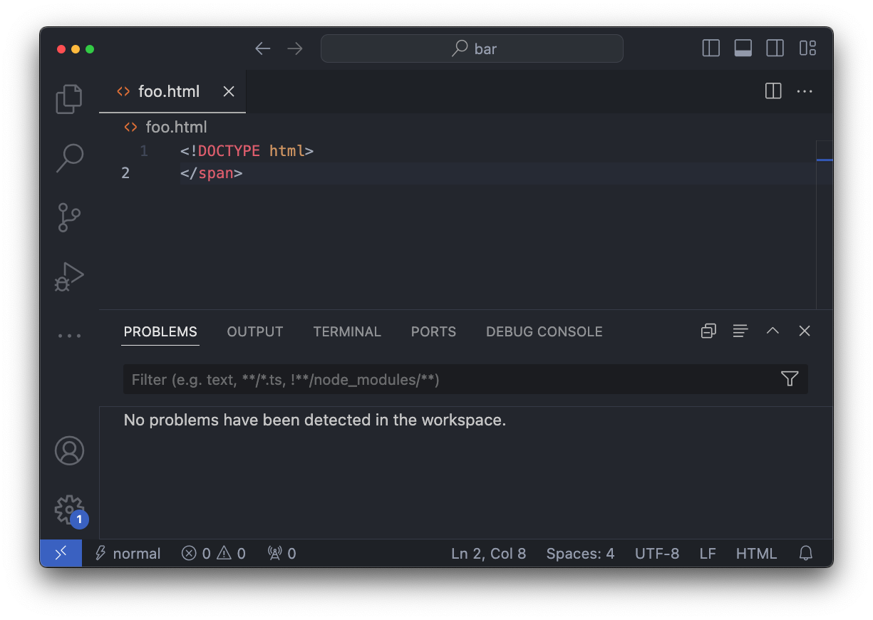 A screenshot of VSCode that shows wrong HTML but no errors being reported by the editor.