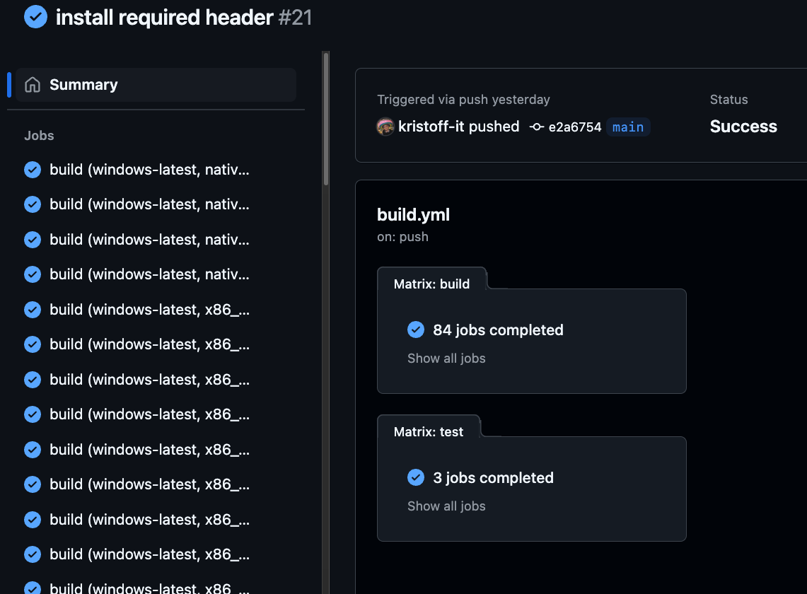 The results of running the GitHub Action build script linked above. 84 build jobs completed successfully, 3 test jobs completed successfully.