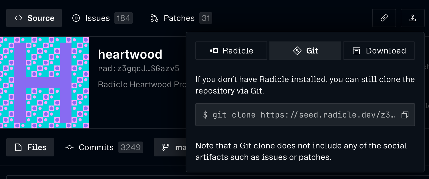 A screenshot of the Radicle web UI that shows how you can clone over HTTP like you would normally do on GitHub, etc.